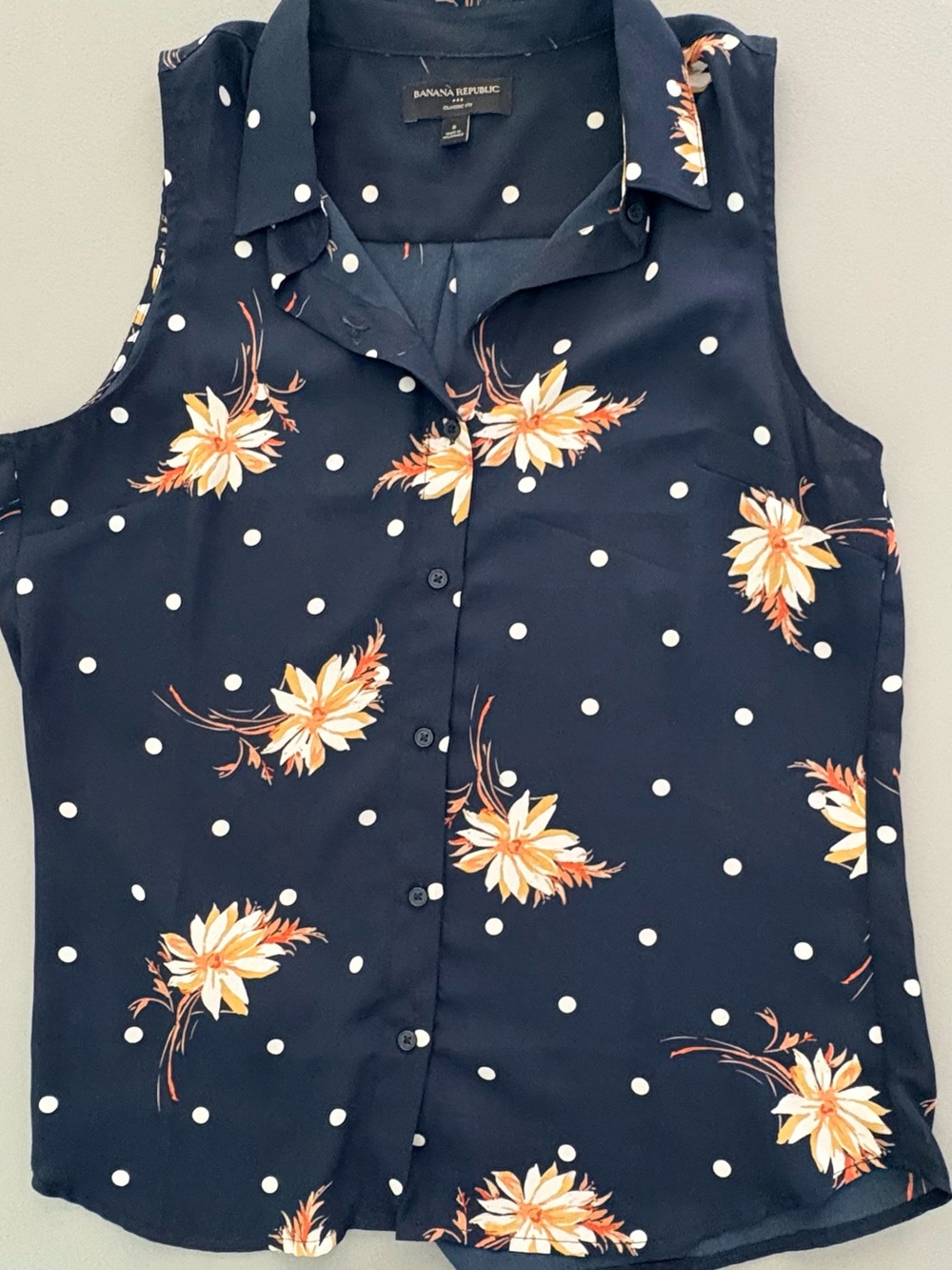 Banana Republic Small Black Orange Floral Polka Dot Sleeveless Blouse Shirt EUC
